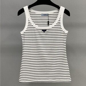 Prada white and blue striped U-neck triangular logo ribbed slim-fit vest